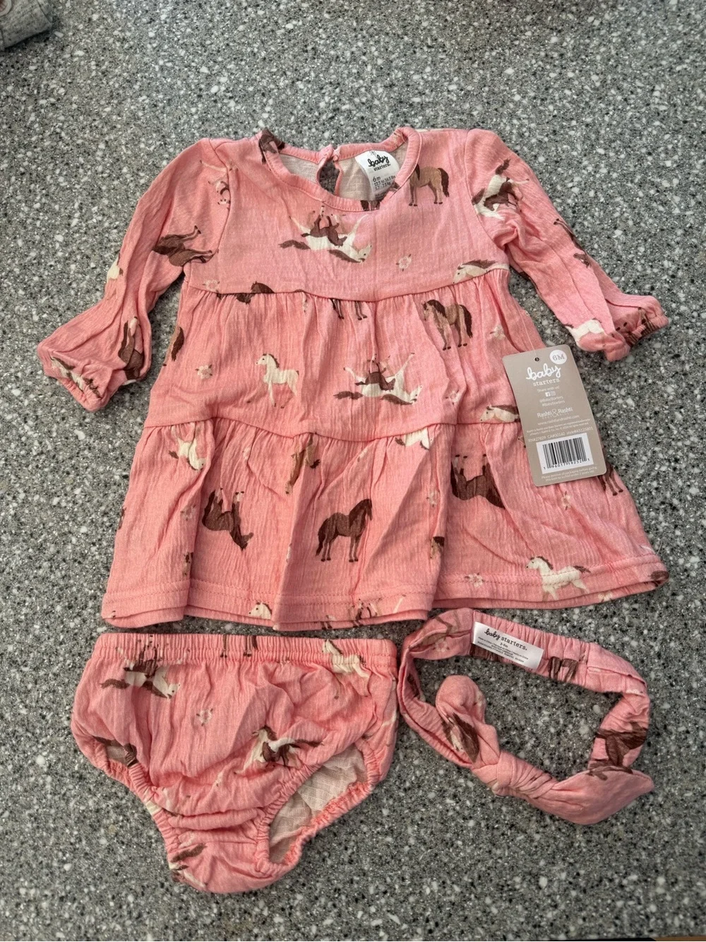 Baby Girl Pink Horse Tiered Dress Set with Bloomer & Headband